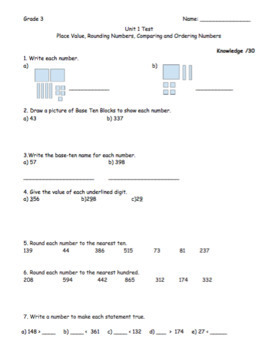 Preview of Grade 3 Number Sense Test- Ordering and Comparing Numbers, Rounding, Place Value