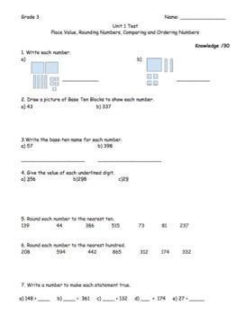 grade 3 number sense test ordering and comparing numbers rounding place value