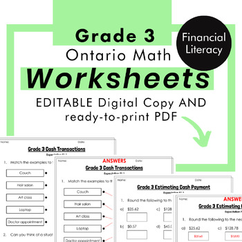 Preview of Grade 3 Ontario Math - Financial Literacy Worksheets PDF+Editable Google Slides