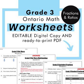 Preview of Grade 3 Ontario Math - Fractions Ratios Worksheets PDF + Editable Google Slides