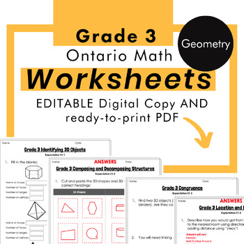Preview of Grade 3 Ontario Math - Geometry Worksheets PDF + Editable Google Slides
