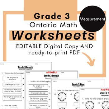 Preview of Grade 3 Ontario Math - Measurement Worksheets PDF+Editable Google Slides