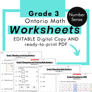 Preview of Grade 3 Ontario Math - Number Sense Worksheets PDF + Editable Google Slides
