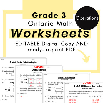 Preview of Grade 3 Ontario Math - Operations Worksheets - PDF +FULLY Editable Google Slides