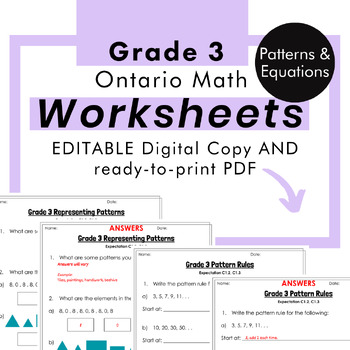 Preview of Grade 3 Ontario Math - Patterns&Equations Worksheets PDF+Editable Google Slides