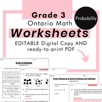 Preview of Grade 3 Ontario Math - Probability Worksheets PDF + Editable Google Slides