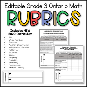 Preview of Grade 3 Ontario Math Rubrics - 2020 CURRICULUM & ALL STRANDS