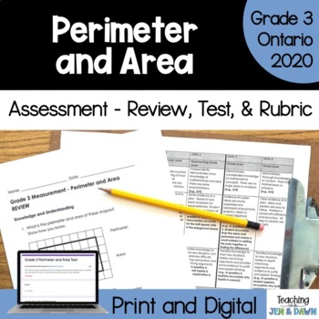 Preview of Grade 3 Perimeter and Area Assessment - Review, Test, Rubric - Ontario Math 2020