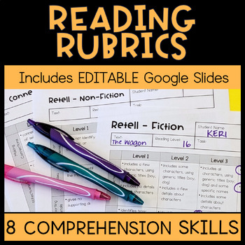 Preview of Reading Comprehension Rubrics for 8 Reading Skills - Editable Printable Digital