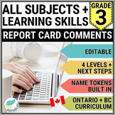 Grade 3 Report Card Comments - Ontario & BC (All Subjects + Learning Skills)