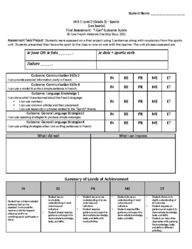 Preview of Grade 3 (SK Level 2) Core French Sports Assessment Rubric