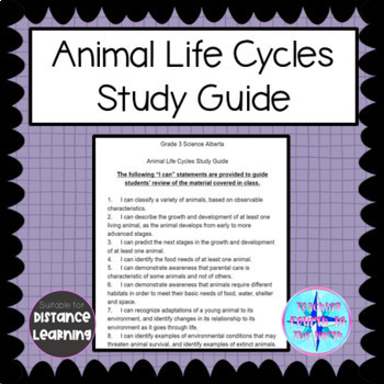 Preview of Grade 3 Science Alberta - Animal Life Cycles Study Guide