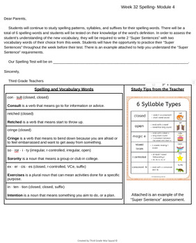 Preview of Grade 3: Week 32: Spelling Words Letter for Parents (Bookworms Supplement)