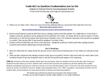 Preview of Grade 4&5 Core French Back to School Daily Questions Review Dice Game