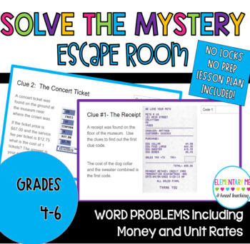 Preview of 4th -6th Grade Word Problems Money & Unit Rate Mystery Escape Room Activity