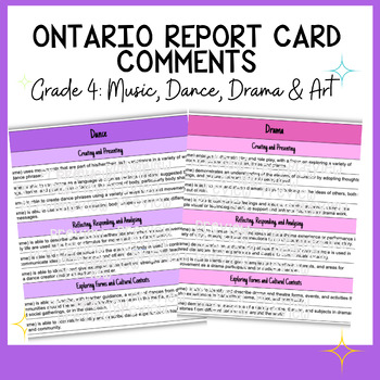 Preview of Grade 4 Arts Report Card Comment Guide - Aligned with Ontario Curriculum
