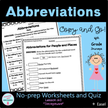 Preview of ABBREVIATIONS Grammar Activities and Quiz (Lesson 20) 4th Grade Journeys 