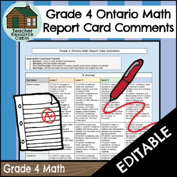 Preview of Grade 4 MATH Ontario Report Card Comments (Use with Google Docs™)