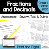 Grade 4 Fractions and Decimals - Review, Test, Rubric - On