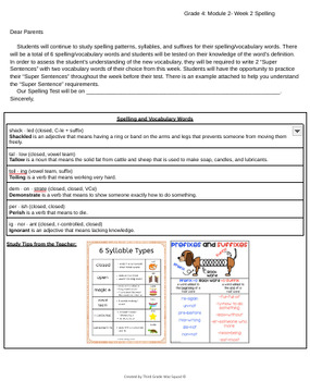 Preview of Grade 4 Module 2- Week 10: Spelling Words Letter to Parents (Bookworms)