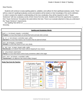 Grade 4 Module 3- Week 17: Spelling Words Letter to Parents (Bookworms)