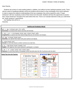 Preview of Grade 4 Module 3- Week 18: Spelling Words Letter to Parents (Bookworms)