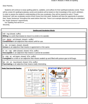 Preview of Grade 4 Module 3- Week 20: Spelling Words Letter to Parents (Bookworms)