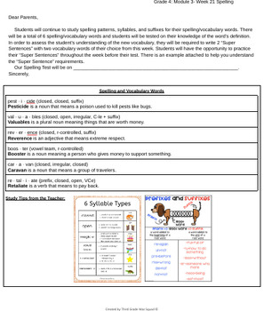 Preview of Grade 4 Module 3- Week 21: Spelling Words Letter to Parents (Bookworms)