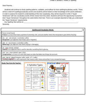 Preview of Grade 4 Module 3- Week 22: Spelling Words Letter to Parents (Bookworms)