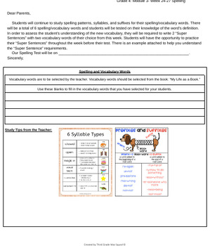 Preview of Grade 4 Module 3- Weeks 24-27: Spelling Words Letter to Parents (Bookworms)
