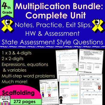 Preview of Grade 4 Multiplication Bundle no prep notes, CCLS practice, exit slips, HW, test