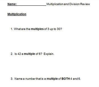 Preview of FREE-Grade 4 Multiplication and Division Review
