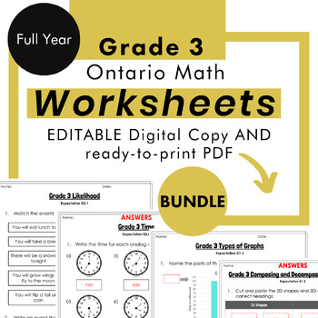 Preview of Grade 3 Ontario Math Curriculum FULL YEAR Worksheet Bundle (all expectations)