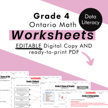 Preview of Grade 4 Ontario Math - Data Literacy Worksheets PDF+FULLY Editable Google Slides