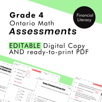 Preview of Grade 4 Ontario Math - Financial Literacy Assessments - PDF, Google Slides