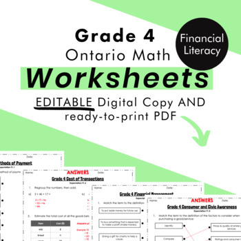 Preview of Grade 4 Ontario Math - Financial Literacy Worksheets -PDF+Editable Google Slides
