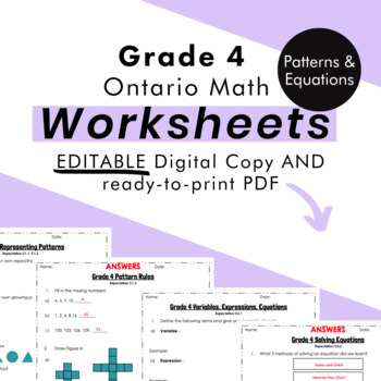 Preview of Grade 4 Ontario Math - Patterns&Equations Worksheets -PDF+Editable Google Slides