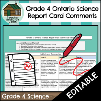 Preview of Grade 4 SCIENCE Ontario Report Card Comments (Use with Google Docs™)