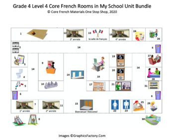 Preview of Grade 4 (SK Level 4) Core French Rooms in My School Unit Bundle