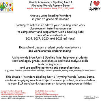 Preview of 4th Grade Wonders Spelling Unit 1 Rhyming Words Rummy Card Game