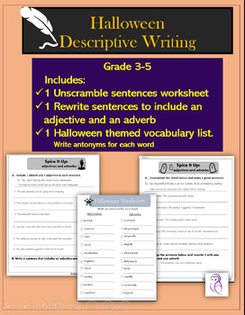 Preview of HALLOWEEN-Grade 4 and 5 ADJECTIVES ADVERBS descriptive writing Vocabulary list