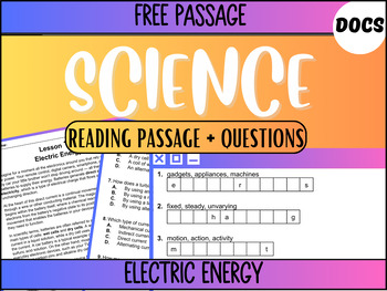Preview of Grade 5-6 Science Reading Passage 15: Electric Energy (Google Docs)