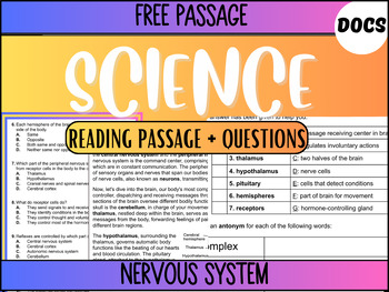 Preview of Grade 5-6 Science Reading Passage 25: Nervous System (Google Docs)