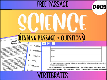 Preview of Grade 5-6 Science Reading Passage 32: Vertebrates (Google Docs)