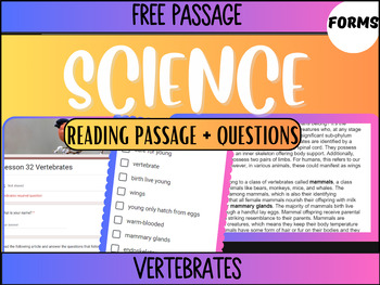 Preview of Grade 5-6 Science Reading Passage 32: Vertebrates (Google Forms)