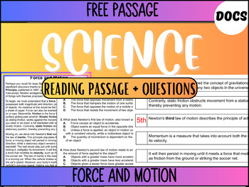 Preview of Grade 5-6 Science Reading Passage 7: Force and Motion (Google Docs)