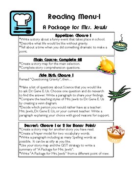 Preview of Grade 5: A Package for Mrs. Jewls Journeys Resource Choice Board Menu Rubric
