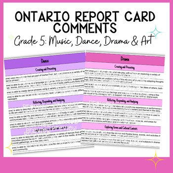 Preview of Grade 5 Arts Report Card Comment Guide - Aligned with Ontario Curriculum
