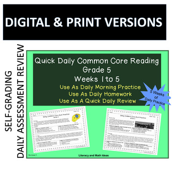 Preview of (Self-Grading & Printable) Grade 5 Daily Common Core Reading Practice Weeks 1-5