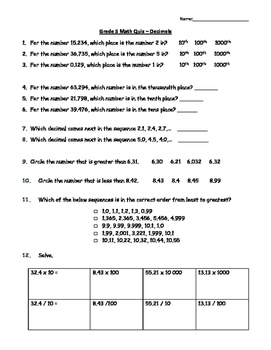 grade 5 decimals quiz or test by the country classroom tpt